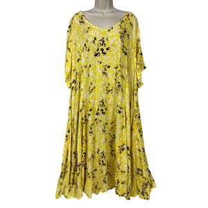 Woman Within Dress Womens 32W Yellow Floral Kaftan Midi Pockets Boho Gauzy